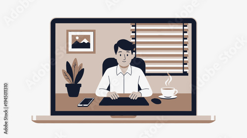 Online Meeting Illustration of a Man at a Desk vector illustration