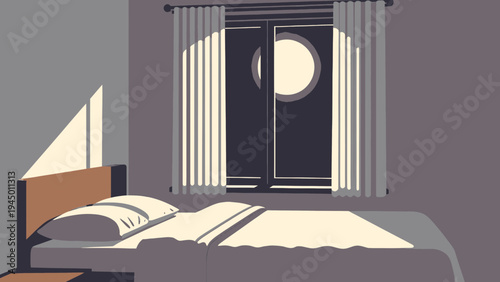 Moonlit Bedroom with Bed Window and Curtains vector illustration