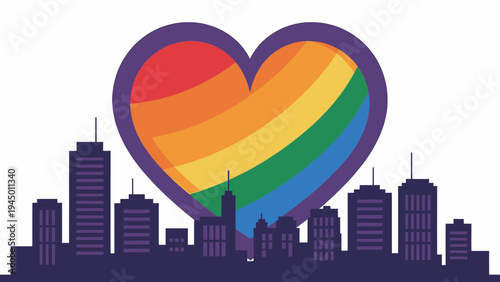 Rainbow Heart over City Silhouette vector illustration