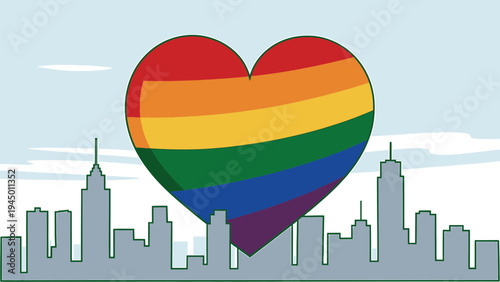 Rainbow Heart over City Skyline vector illustration