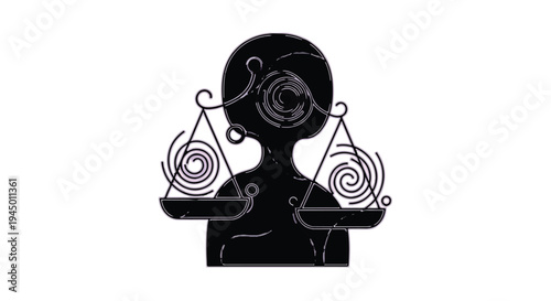 Symbolic silhouette balancing scales of justice, representing equilibrium and decision-making.