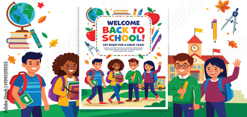 Colorful illustration of diverse students and school supplies, celebrating the start of a new academic year and a joyous return to learning