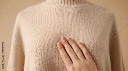 Close up shot of hand feeling soft cashmere knit turtle neck sweater