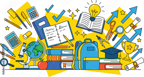 Vibrant flat line illustration depicting a diverse array of school supplies, educational tools, and powerful symbols of knowledge acquisition, academic achievement, and a successful learning journey