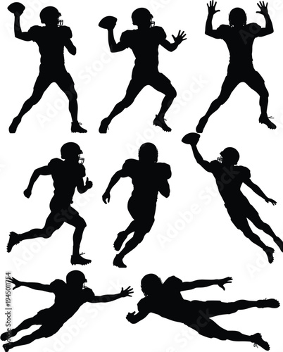 American Football Player Silhouette Vector Set Featuring Athletes Running Throwing Catching and Diving for Touchdown Isolated on White Background for Sports Team Branding and Posters