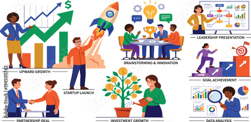 Illustrating key business concepts for growth and success, from startup innovation and strategic partnerships to investment, data insights, and achieving corporate objectives