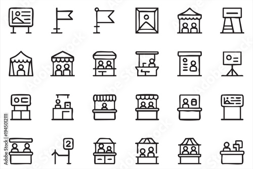 Minimal market booth and exhibition stall outline icon set for retail events and trade fairs