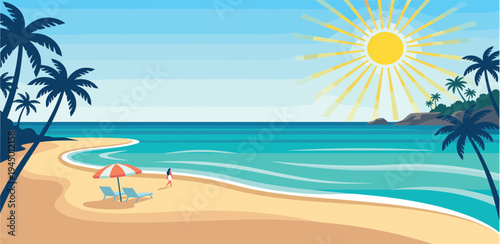 Vibrant tropical beach illustration with golden sands, clear turquoise ocean, lush palm trees, and a radiant sun, ideal for a serene summer vacation