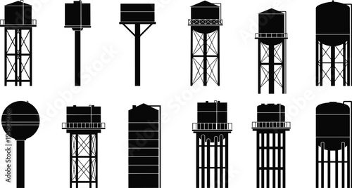 Industrial water tower and storage tank silhouettes collection isolated vector infrastructure architecture supply system icons black engineering utility structures design.