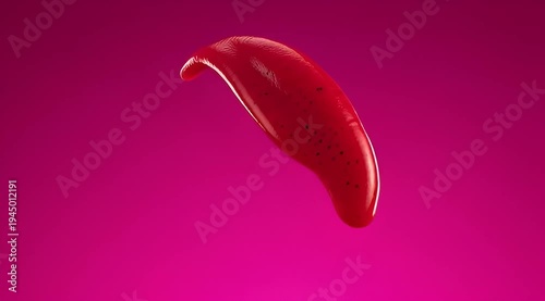 Abstract glossy red object with dark spots hovering in pink space