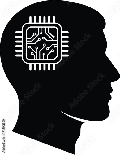 Silhouette of human head with circuit board inside brain  artificial intelligence concept
