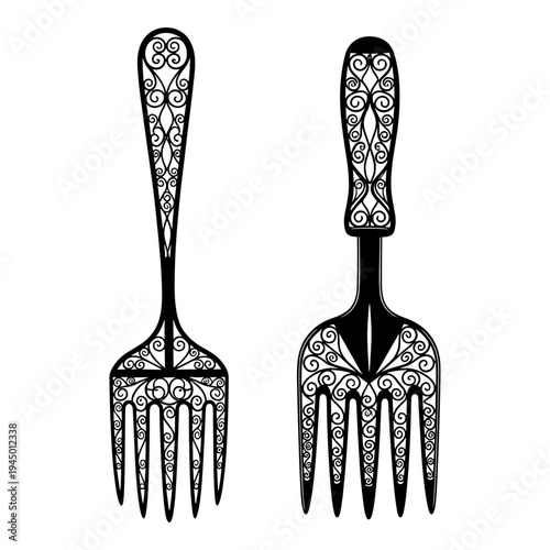 Intricate designs of ornate black forks with decorative patterns Vector, illustration