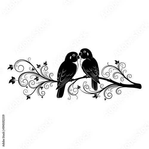 Elegant black birds perched together on an ornate branch with intricate leaf patterns Vector, illustration