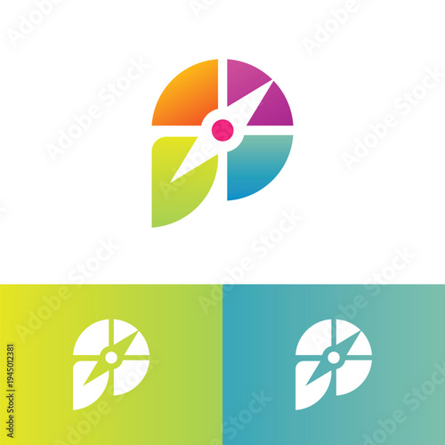 this is a simple logo image of a letter P with a compass needle in the center slanting to the right side 
