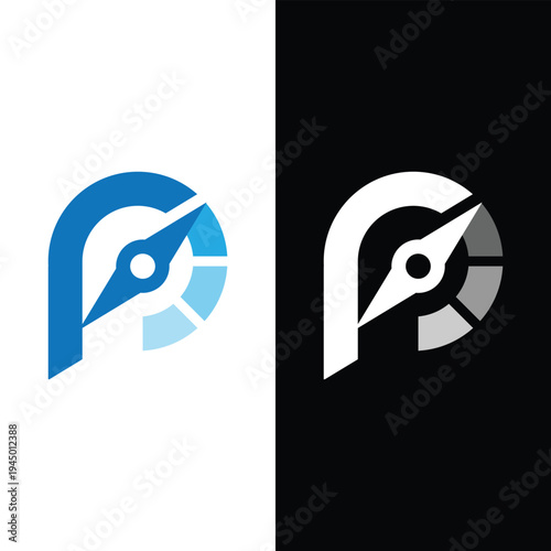 this is a flat logo image of an initial P with a compass needle in the center slanting to the right side 