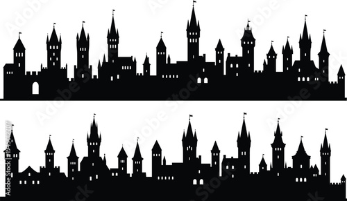 Medieval castle skyline silhouettes with towers and fortress walls, fantasy kingdom architecture vector set isolated historic fortress cityscape illustration.