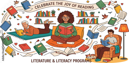 Diverse individuals engaging with books, celebrating the shared joy of reading and emphasizing the significance of literacy for all ages and backgrounds