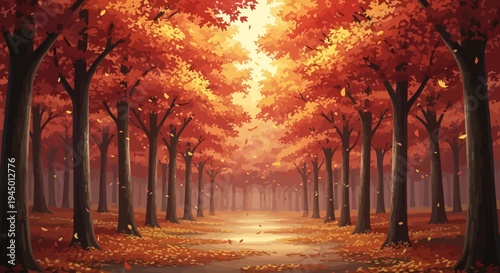 Autumnal Pathway Through a Forest of Red and Gold Trees