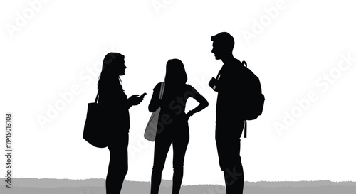 Three young people in silhouette engaged in conversation outdoors with bags