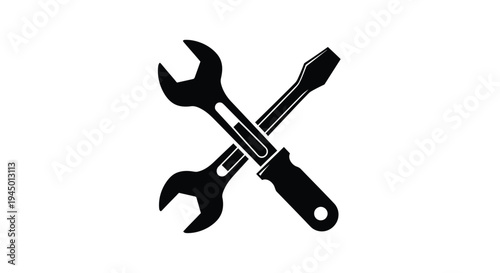 Black vector illustration of crossed wrench and screwdriver tools