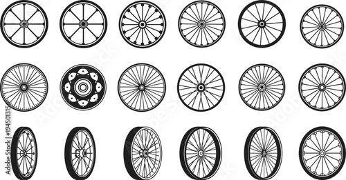 Spoked wheel silhouette vector set, bicycle and vintage wagon wheel icons collection, circular rim designs for transport mechanical illustration