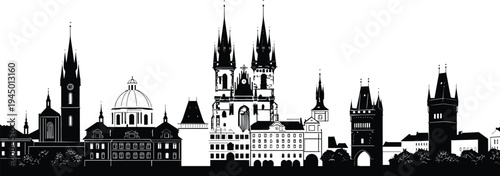 Prague Czech Republic skyline silhouette with historic churches, towers and Old Town architecture landmarks vector illustration European cityscape.