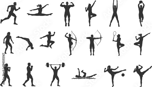 Sports and fitness silhouettes collection, professional athletes performing various athletic activities, gymnastic poses and Olympic competition icons set, isolated black vector illustration graphics