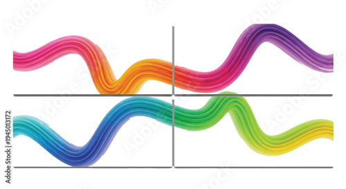 Colorful wavy lines in a vector graphic illustration arranged in four panels