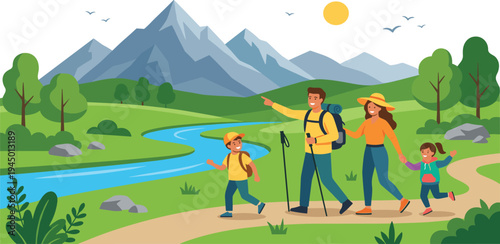 Family hiking adventure through a scenic mountain landscape with a river and lush greenery, enjoying outdoor activities together