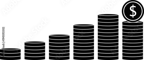 Stacked Coins Black Silhouette Vector Illustration, Increasing Dollar Money Stacks, Growth Chart, Financial Investment, Banking, Business, Savings and Income Graphic Isolated on White.