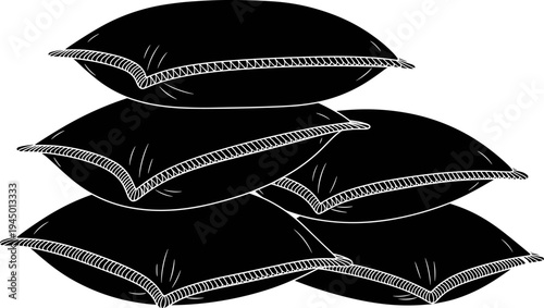 Stacked soft pillows vector silhouette set, decorative cushions pile, bed linen and bedroom accessories, cozy comfort, black graphic design isolated on white.