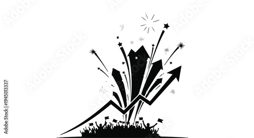 Dynamic graph illustrating upward growth and celebration with a crowd cheering below.