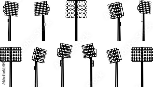 Stadium Floodlights and Spotlight Tower Black Silhouette Vector Set, Sport Arena Lighting Fixtures and Night Game Equipment Graphic, Massive Lamp Mast and Outdoor Event Technology Icons.
