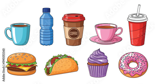 Colorful vector illustration of various fast food and drink items including coffee cups, a water bottle, a hamburger, taco, cupcake, and donut on a clean white background for design use
