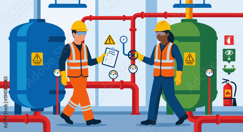 Chemical Engineer Safety Inspection

Flat vector illustration of a chemical engineer performing a safety inspection in an industrial plant. Wearing protective gear and holding a checklist. Flat vector