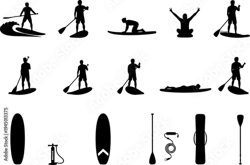 Stand up paddleboarding silhouette vector set, SUP surfing poses and equipment collection for water sports recreation, black icons isolated on white background
