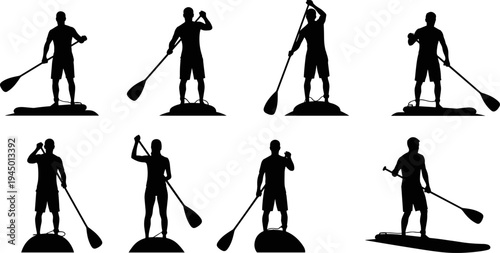 Stand up paddleboarding silhouettes set, vector illustration of people paddling on SUP boards, active water sport icons collection for summer recreation, black and white minimal style.