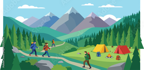 Scenic mountain landscape with hikers on a winding trail, enjoying an outdoor camping adventure among lush green forests and majestic peaks under a clear sky