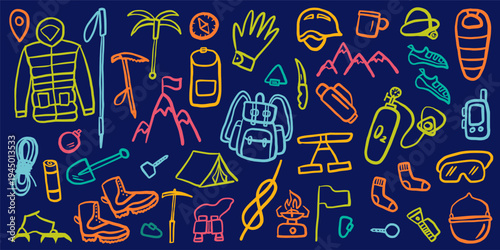 Vector set of hand-drawn doodle style images of climbing equipment