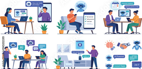 Artificial intelligence and modern technology applications in business, communication, and everyday life represented in a creative illustration