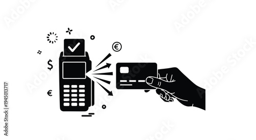 Vector illustration of hand holding credit card near payment terminal