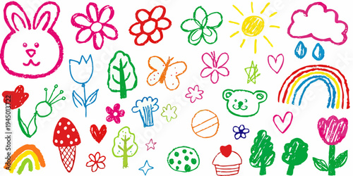 Colorful childlike drawing featuring animals flowers and weather icons