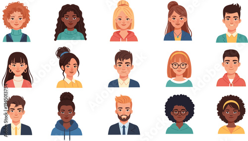 Diverse Cartoon People Avatar Collection with Different Male and Female Characters for User Profile Icons, Social Media, and Modern Flat Vector Illustration
