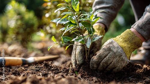 Hands plant young tree in rich soil. Gloved fingers gently hold sapling's roots. Sunlit garden bed holds soft earth. Green leaves reach toward bright sky. Trowel rests beside freshly tilled ground