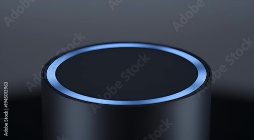 A close up of a smart speaker with a glowing blue ring, dark background