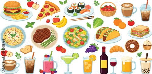 A vibrant collection of diverse and delicious food and drink items, showcasing a wide variety of culinary delights from around the world