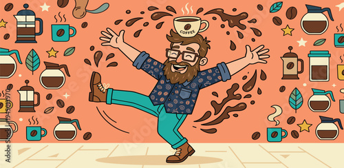 A joyful man with a coffee cup on his head dancing with excitement amidst a background filled with coffee-related illustrations