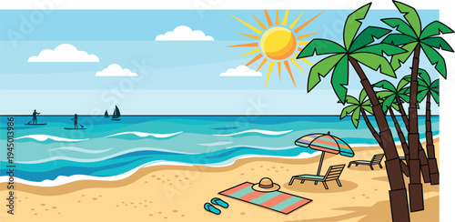 Tropical beach scene with palm trees, lounge chairs, umbrella, and people enjoying watersports on a sunny day