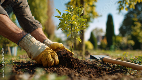 Hands plant young tree in rich soil. Gloved fingers gently hold sapling's roots. Sunlit garden bed holds soft earth. Green leaves reach toward bright sky. Trowel rests beside freshly tilled ground