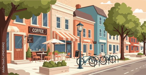Quaint Town Street with Coffee Shop and Bicycles.